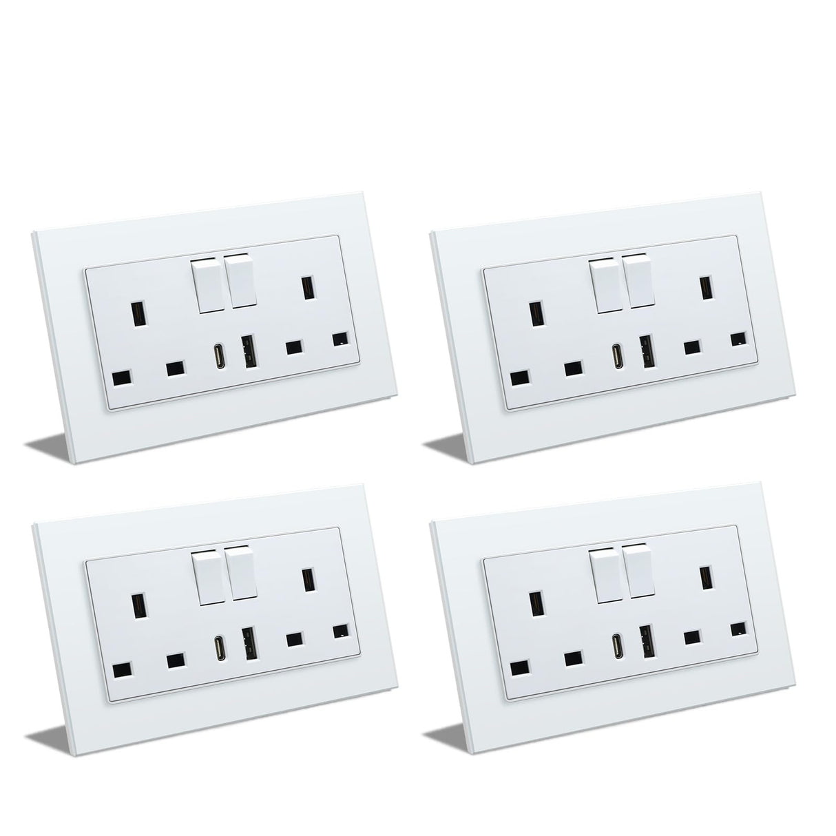 BSEED Double Switched Wall Socket 2 Gang Black with USB C & USB A Charging Ports, 13A Wall Electric Power Socket with Glass Panel
