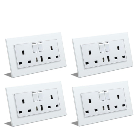 BSEED Double Switched Wall Socket 2 Gang Black with USB C & USB A Charging Ports, 13A Wall Electric Power Socket with Glass Panel