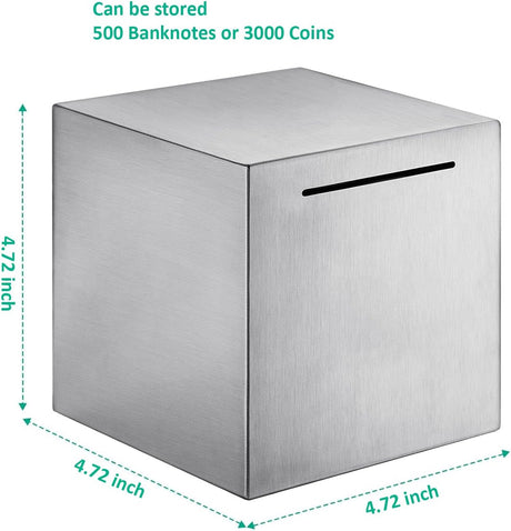 Piggy Bank for Adults Must Break to Open, Stainless Steel Metal Money Savings Box for Cash Coin (4.72 inch) Silver