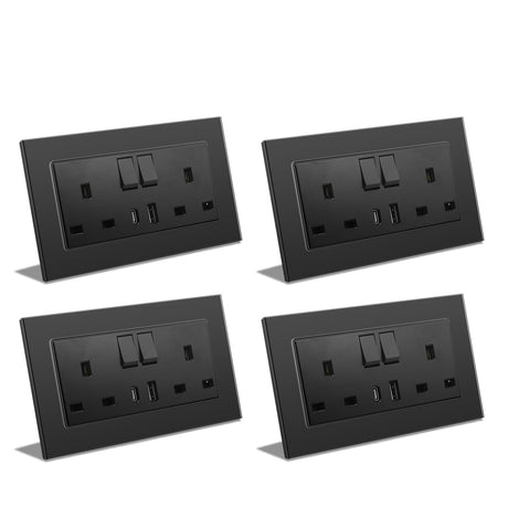 BSEED Double Switched Wall Socket 2 Gang Black with USB C & USB A Charging Ports, 13A Wall Electric Power Socket with Glass Panel