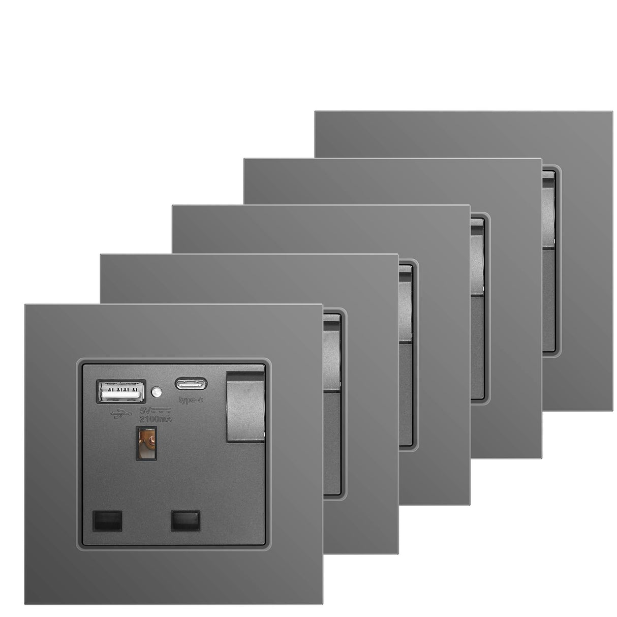 BSEED Double Switched Wall Socket 2 Gang Black with USB C & USB A Charging Ports, 13A Wall Electric Power Socket with Glass Panel