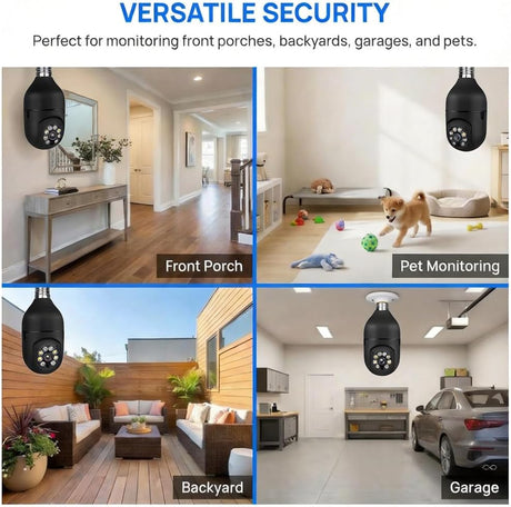 2 Pack Bulb WiFi Camera, Wireless Panoramic HD Indoor Camera, Socket Mount Security Cam, TF Card Not Included, Black