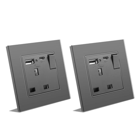 BSEED Double Switched Wall Socket 2 Gang Black with USB C & USB A Charging Ports, 13A Wall Electric Power Socket with Glass Panel