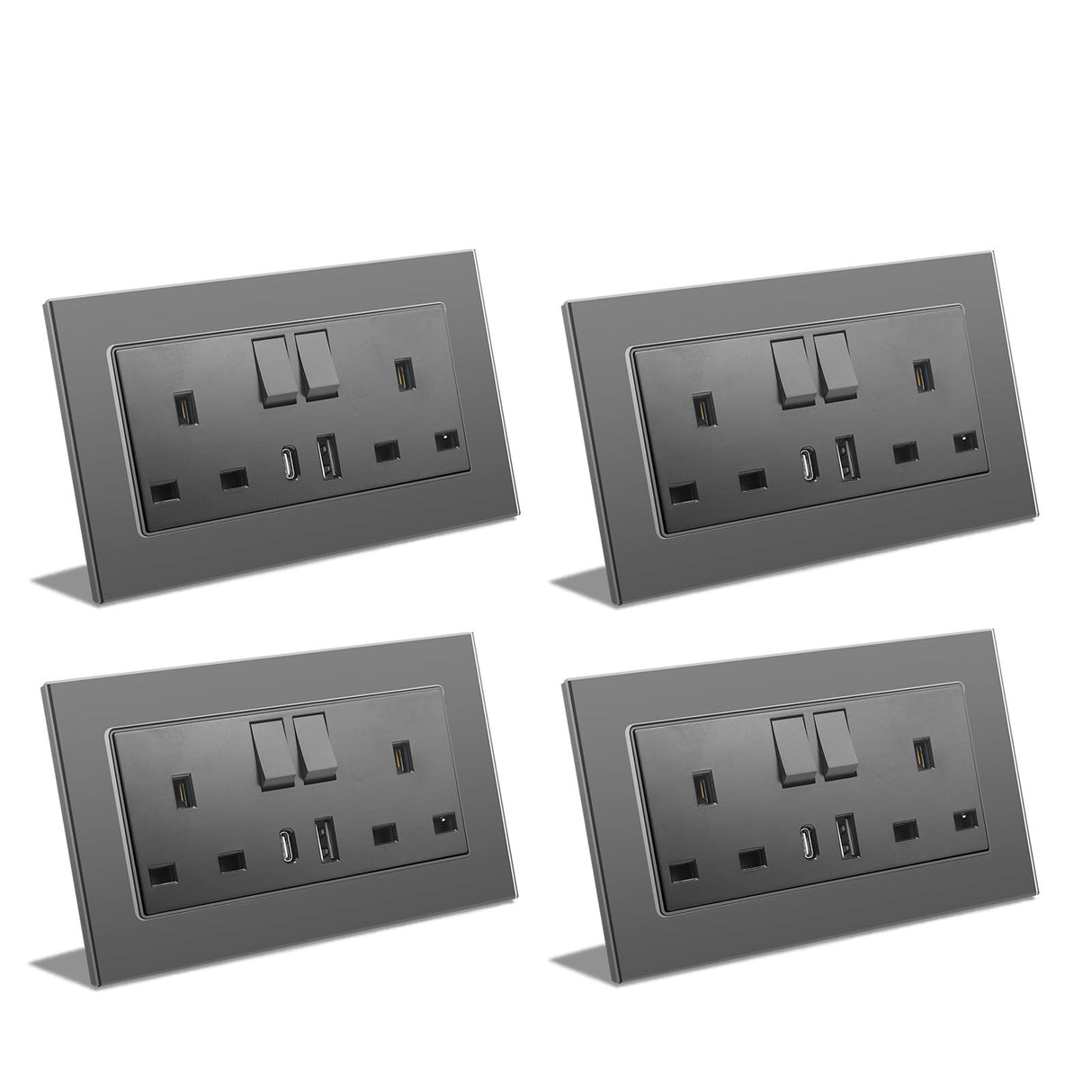 BSEED Double Switched Wall Socket 2 Gang Black with USB C & USB A Charging Ports, 13A Wall Electric Power Socket with Glass Panel
