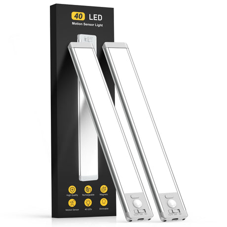 MCGOR Under Cabinet Lights,40 LED Rechargeable Battery Operated Motion Sensor Light Indoor, 2 Pack Magnetic Dimmable Closet Lights, Wireless Under Counter Lights for Kitchen, Stairs