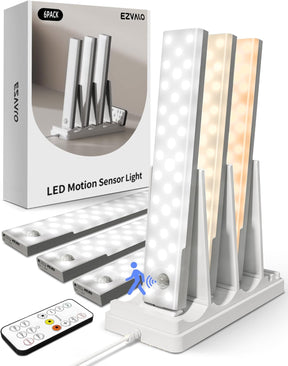 EZVALO 6-Pack Under Cabinet Lighting with Charging Station, Rechargeable Motion Sensor Lights, 3 Color Temps, Dimmable 62 LED Wireless Motion Activated Cabinet Lights with Remote for Kitchen,Pantry