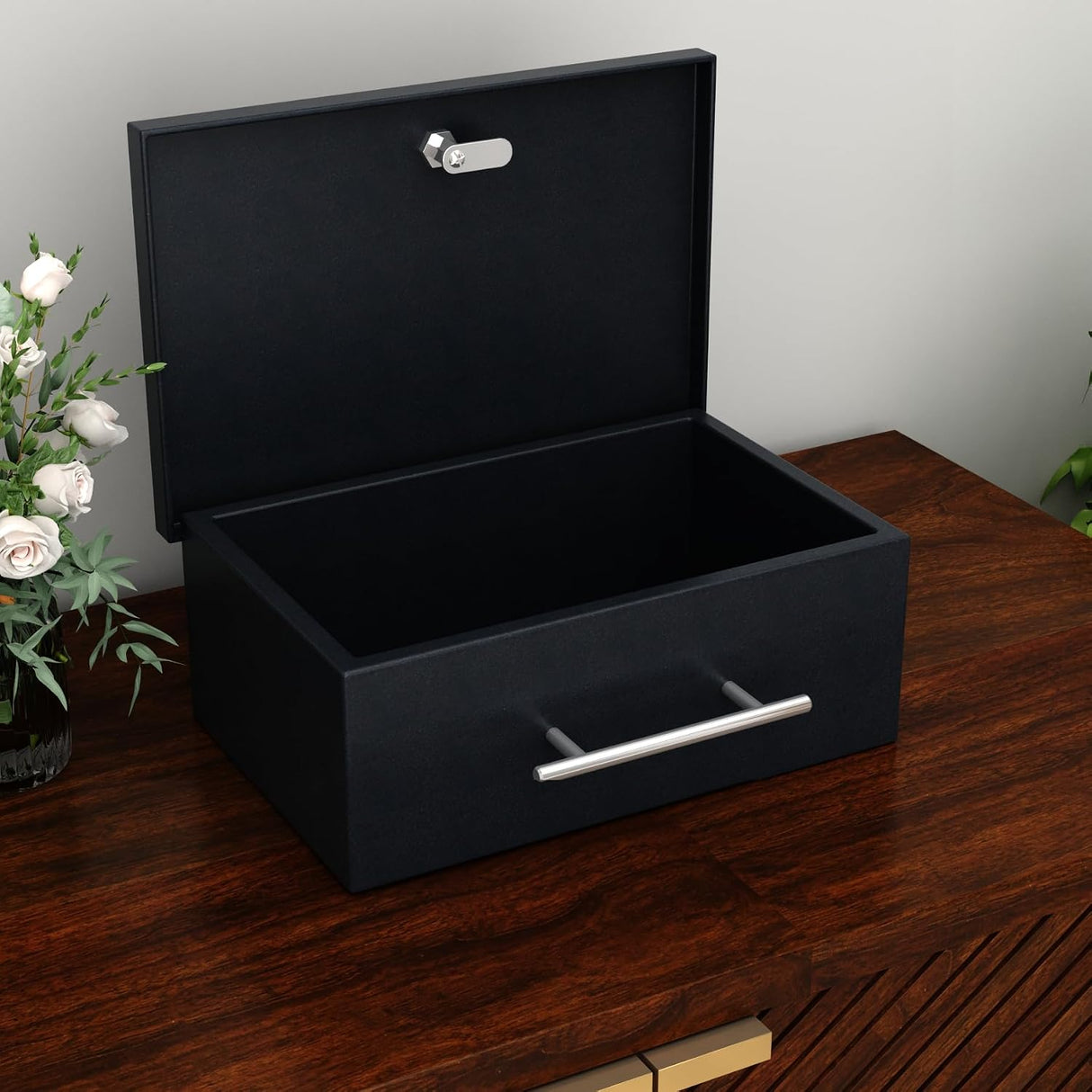 RIGID Large Cash Box | Steel Safe Box | Metal Security Chest with Key Lock | Durable Portable Money Box Safe for Bills Jewelry Receipts Coins (22 * 32.5 * 12 cm) Black - Assembled
