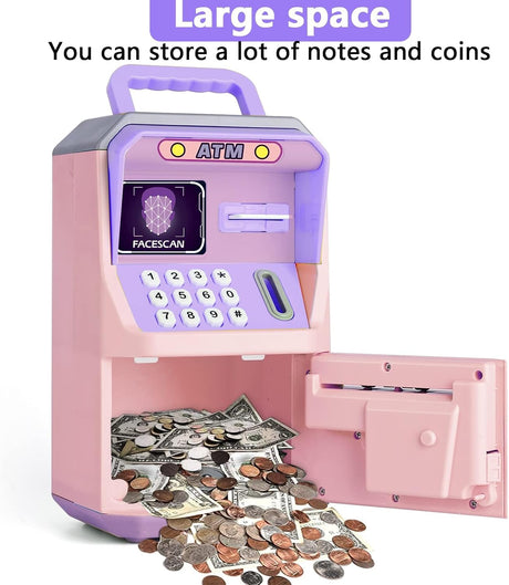 Kids ATM Money Bank with Face Recognition and Music, Smart Voice, Secure Lock, Large Capacity, Ideal Birthday Gift for Boys and Girls