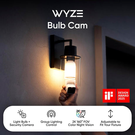 WYZE Bulb Cam Security Camera, 2K HD Security Cameras Wireless Outdoor Indoor Full Color Day and Night, Dimmable LED Bulb, Motion Detection, Siren Alarm, Easy Installation, Compatible with Alexa