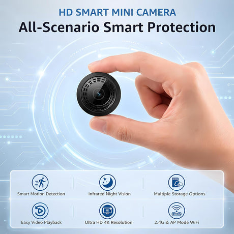 Mini 4K WiFi Indoor Security Camera for Home with App Control, Portable Monitoring Camera Supporting Motion Detection, Night Vision, Local & Cloud Storage for Baby, Elderly, Pets and Office