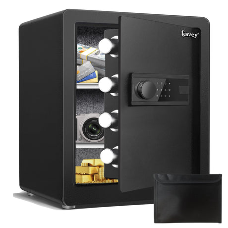 kavey 2.0 Cub Biometric Safe Box, Home Safe with LCD Keypad & 2 Adjustable Shelves, Fingerprint Money Safe with Dual Alram & Mute Alarm, Large Security Cabinet Safe for Vaulables (White)
