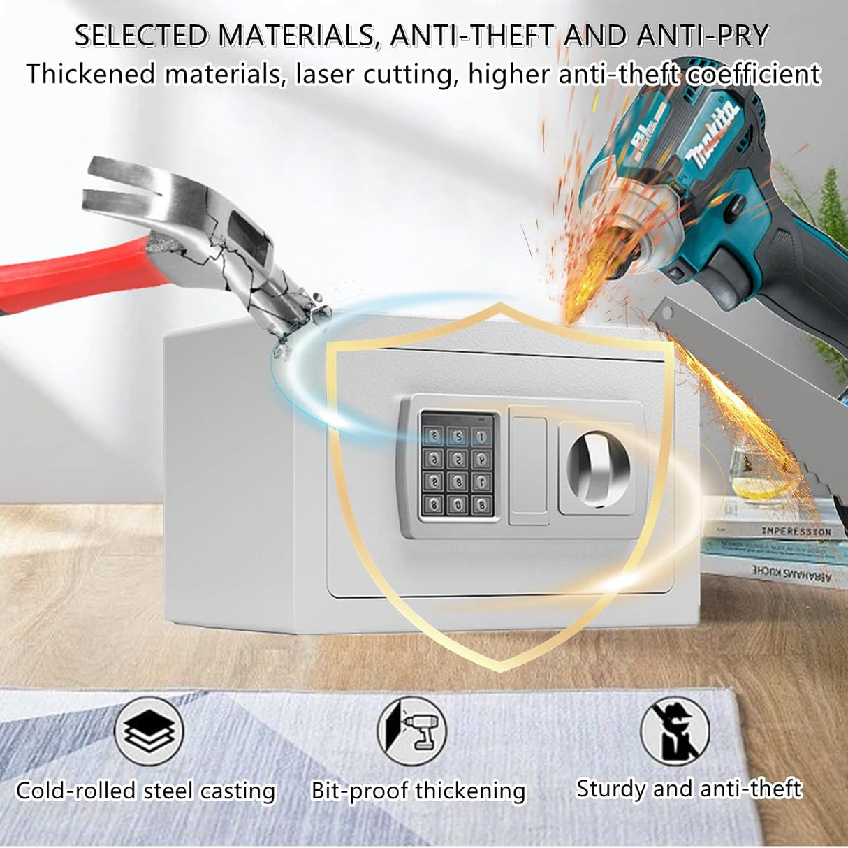 Small Home Safe,Digital Money Electronic Safe Box w/Pass Code Keypad & Keys for Hotel Office Buiness,Hidden Wall Security Safe Box for Valuable Cash Money Jewelry Documents (White, 8.5L)