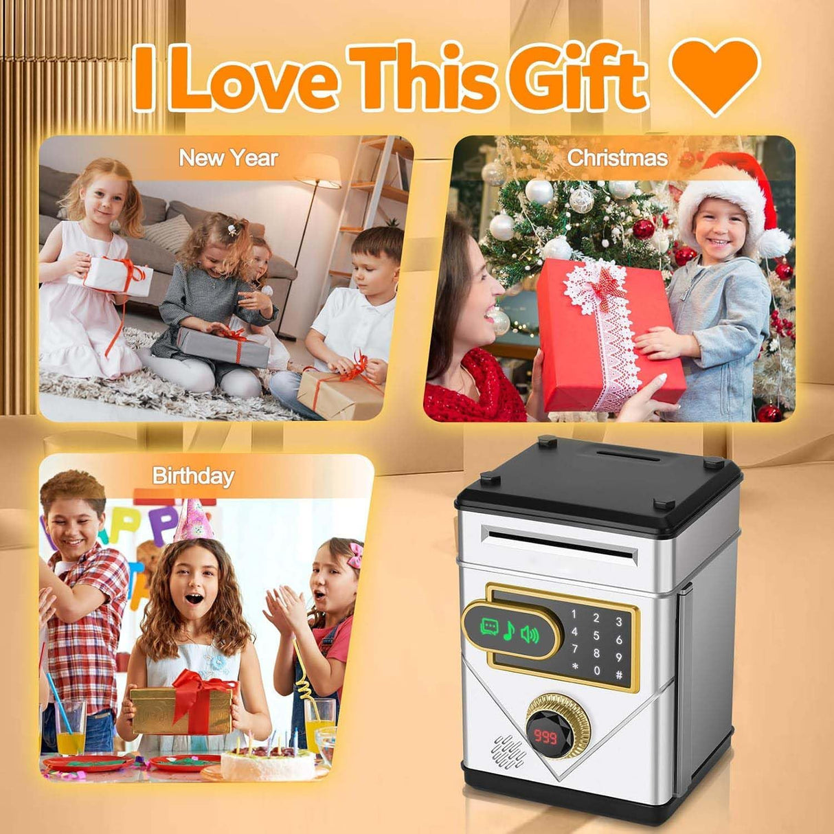 Piggy Bank for Kids, Touchscreen Electronic Piggy Bank Mini ATM, Coin Banks with Password & 10 Songs, Auto Money Scroll, Counting The Number, Adults Digital Real Money Box (Silver)
