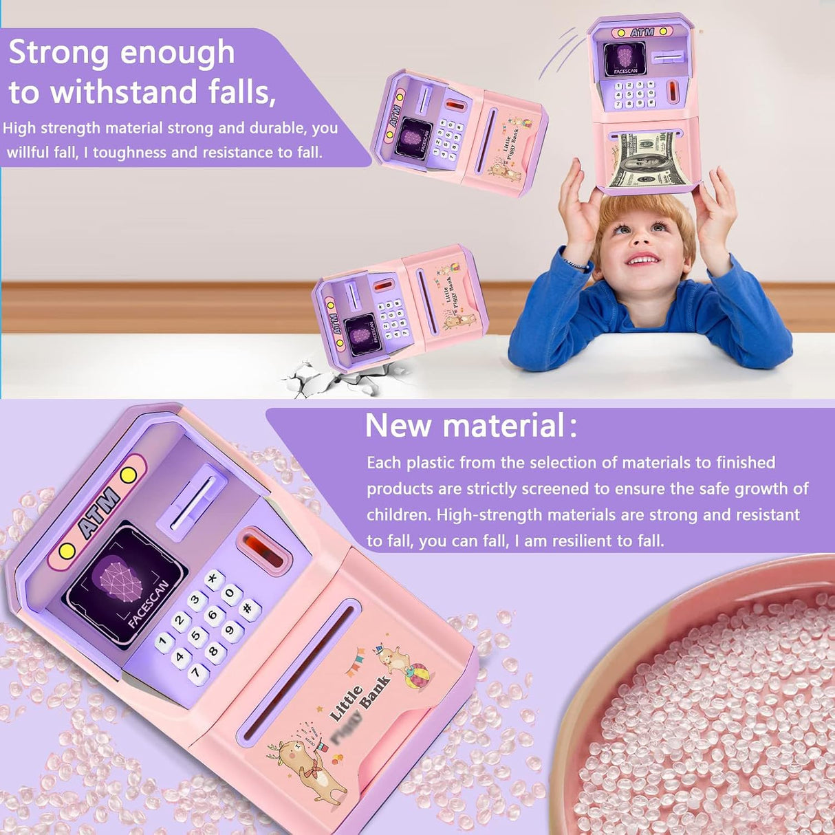 Kids ATM Money Bank with Face Recognition and Music, Smart Voice, Secure Lock, Large Capacity, Ideal Birthday Gift for Boys and Girls
