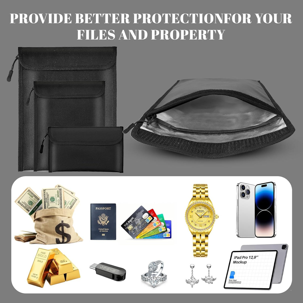 Fireproof Waterproof Document Bag 3-Pack Black 2000℉ Money Bag for Cash Passports ID Cards Social Security Card Protector Waterproof Zipper Pouch Fire Proof Bank Bag Document Holder