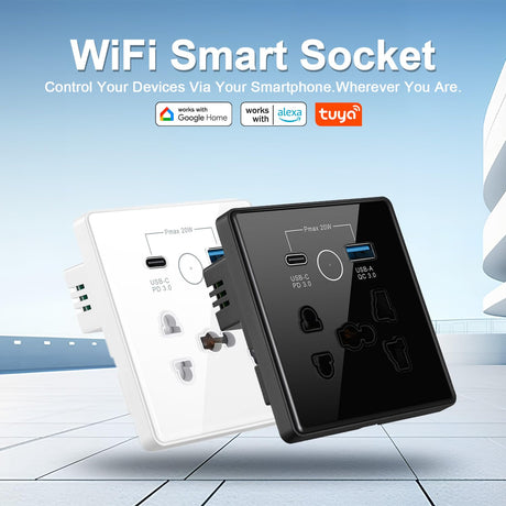 Universal Smart Wall Outlet, WiFi Smart Touch Wall Socket,Wall Outlet with USB+TypC Interface,Tuya APP Remote Control,Compatible Alexa and Google Home,No Hub Required,2.4G WiFi,13A (Black)