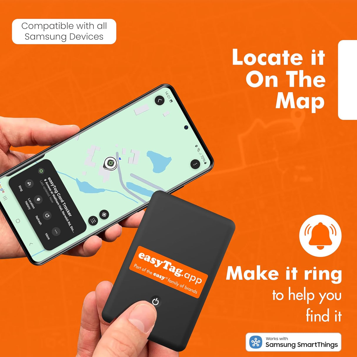 easyTag Wallet Tracker (Global Tracking for Samsung) - Rechargeable Luggage Tag for Wallets, Bags and Suitcases. Samsung Tag Compatible with SmartThings App