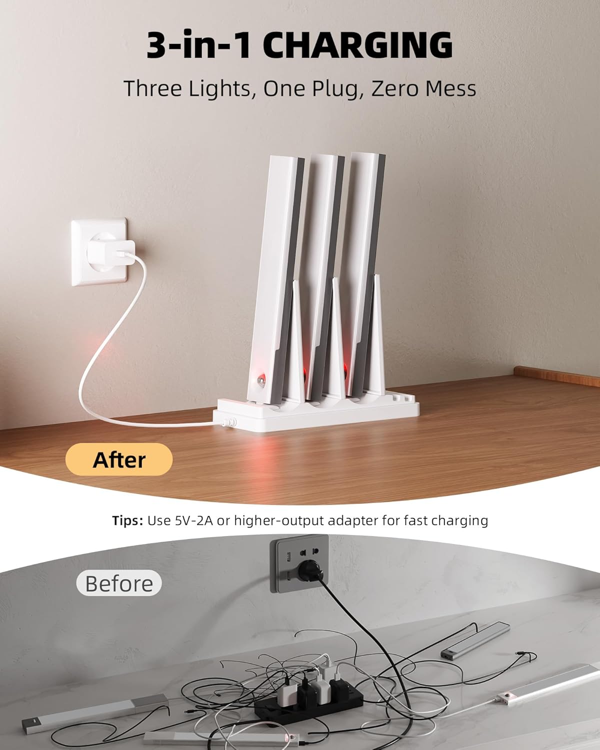 EZVALO 6-Pack Under Cabinet Lighting with Charging Station, Rechargeable Motion Sensor Lights, 3 Color Temps, Dimmable 62 LED Wireless Motion Activated Cabinet Lights with Remote for Kitchen,Pantry