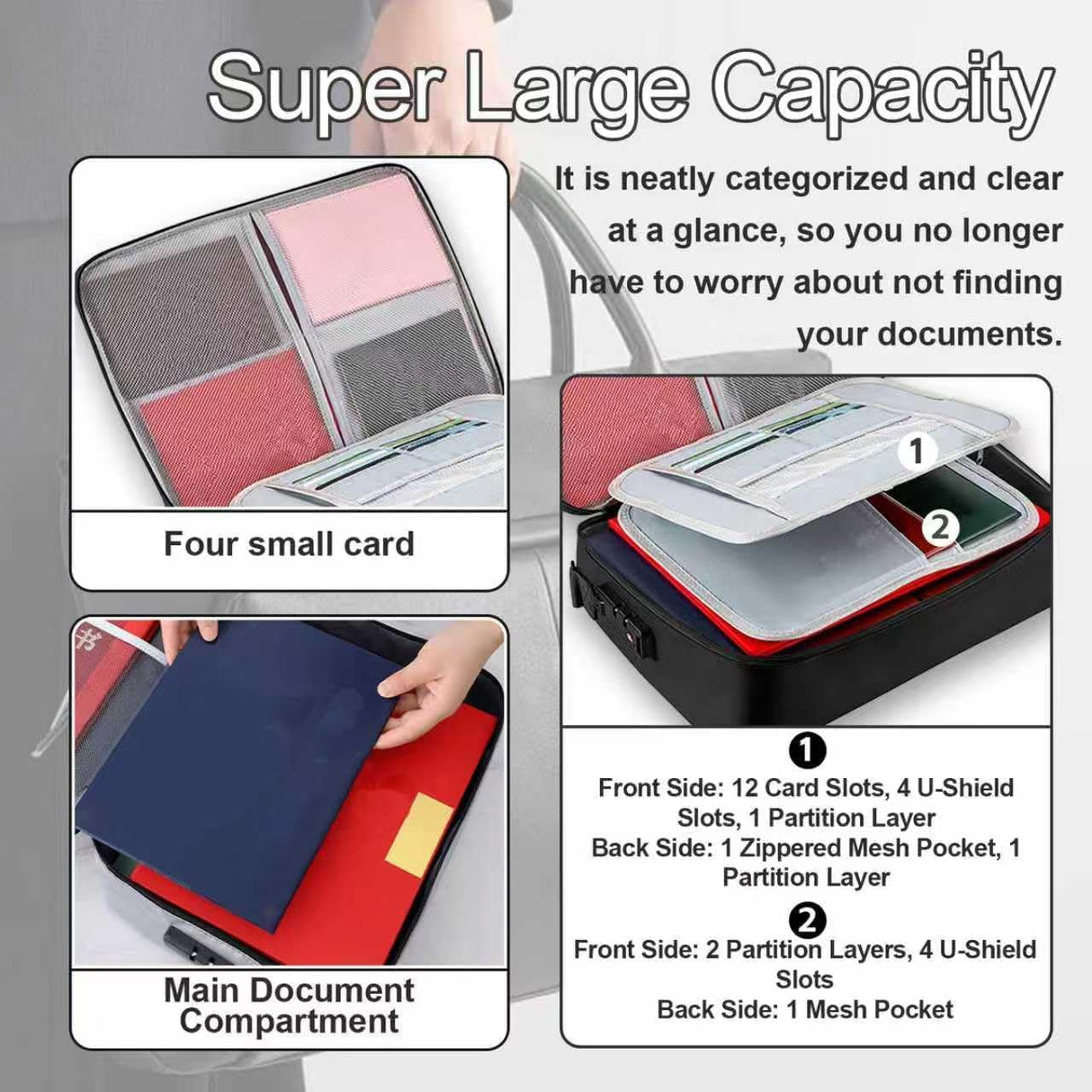 Fireproof Document Bag with Lock, Plenty of Pockets, Portable Home Travel Office Safe Box with Handle, Waterproof Zipper Documents Safe Storage Case for Important Files Photo Certificates Laptop