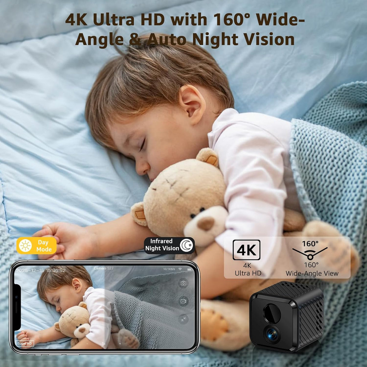 Mini Camera 4K Indoor Security Camera with 3-Day Cloud Storage, App Control & Remote Access, AI Motion Detection, Night Vision, 60-Day Battery, Smart Standby, Compact Design for Home Monitoring