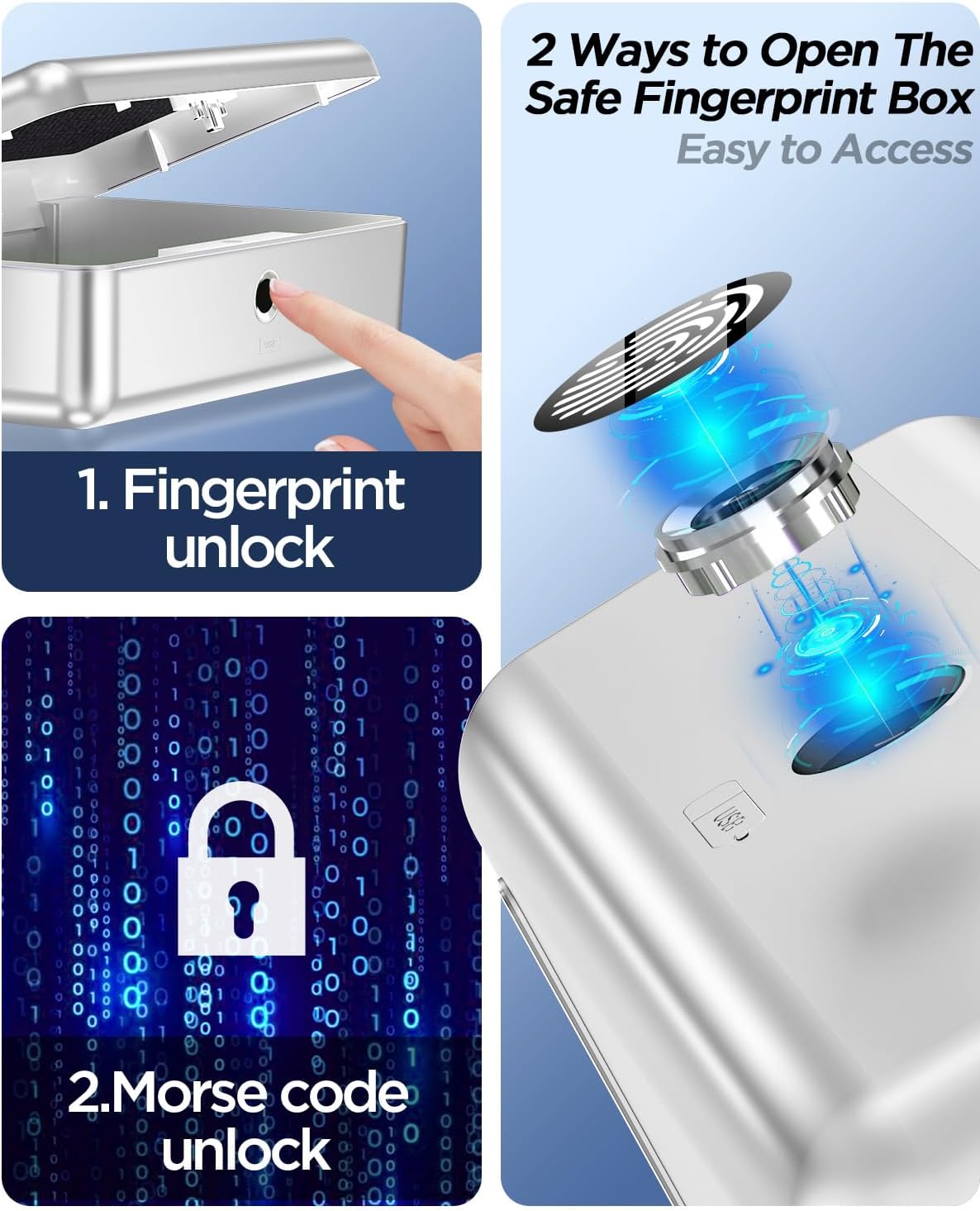 AICase Safe with Biometric Fingerprint Recognition for Travel and Home, Portable Security Box with Fingerprint and Morse Code, Cash Box, Safe Deposit Box, Silver