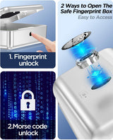 AICase Safe with Biometric Fingerprint Recognition for Travel and Home, Portable Security Box with Fingerprint and Morse Code, Cash Box, Safe Deposit Box, Silver