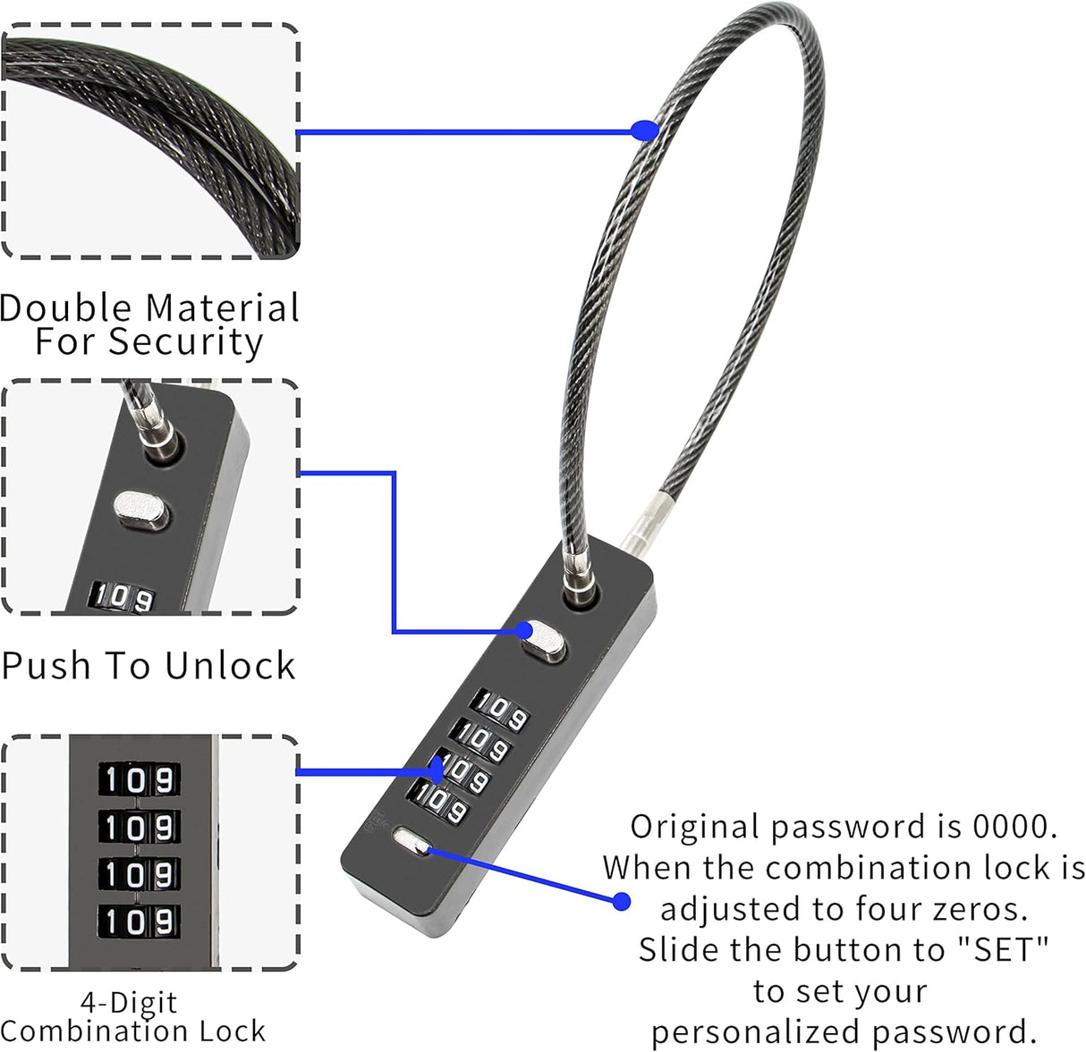 Combination Lock Cable Security Steel Cable Luggage Lock, Bike LockWeatherproof with Resettable Code, Braided Steel Coated Anti-Theft, Waterproof Cycling Cable Locks, Black (1.96 Feet 5 mm)