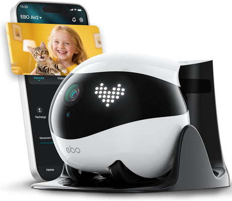 Enabot EBO Air 2 FamilyBot Indoor Security Camera Robot: 2K Pet Camera, Movable Home Robot, Custom Facial Expression, Auto-Recharge, Battery-Operated, 2-Way Talk, Night Vision(Dove White)