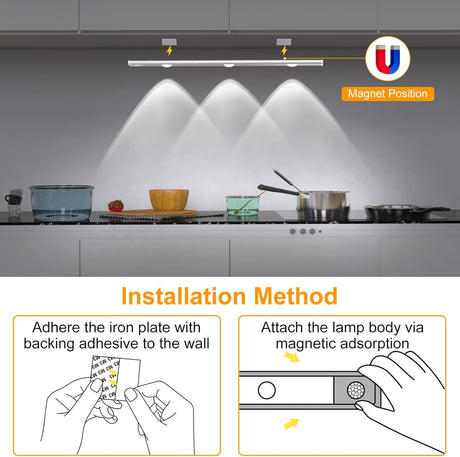 LED Under Cabinet Lighting, Rechargeable Motion Sensor Light Indoor, 3 Color Temperatures, Wireless Magnetic Closet Light for Closets, Kitchen, Bedroom, Hallway, Stairs (2 PCS)