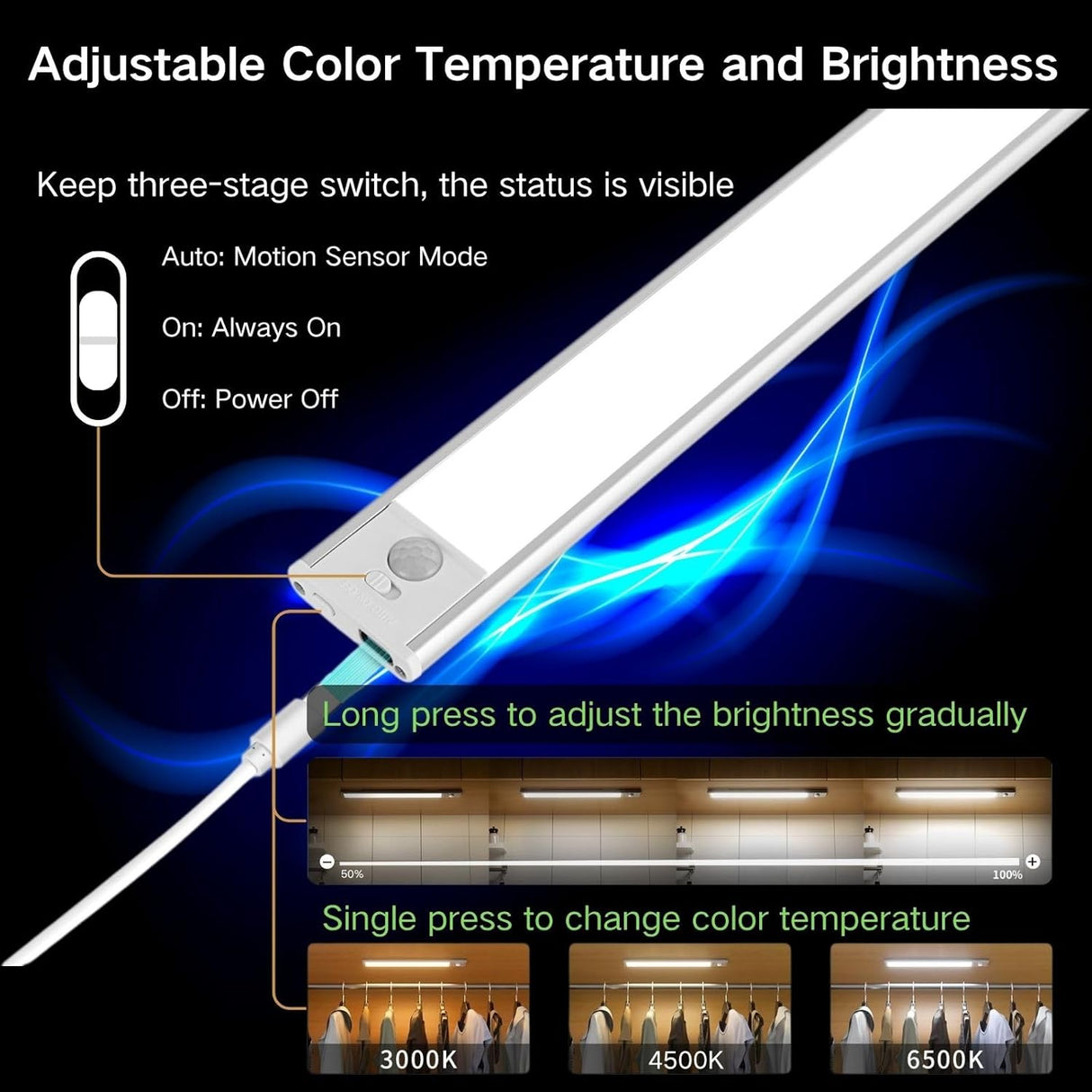 Motion Sensor Under Cabinet Lighting-Magnetic Rechargeable Closet Lights for Kitchen,Stairs,Wardrobe | 3-Color Dimmable LED Under Counter Lighting | Pro Battery Upgrade​ (20cm-2Pack)