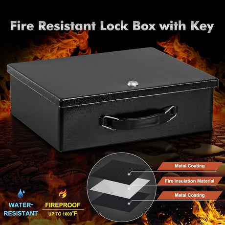 Fireproof Document Box with Key Lock, Safe Storage Box for Valuables, Fire Resistance Security Chest, Fireproof Box for Documents, Passport, Cash, Tablet, Exterior 12.8'' x 8.4'' x 4.5'' Black