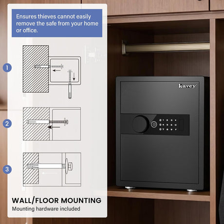 kavey 2.0 Cub Biometric Safe Box, Home Safe with LCD Keypad & Hidden Knob, Large Fingerprint Safe with 2 Adjustables & Metal Storage Box, Money Box with Dual Alarm & Mute Mode for Home (Black)