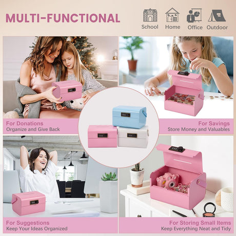 Mini Safe Box for Kids - Portable Money Lock Box with Combination Lock for Cash, Jewelry & Valuables, Lightweight Security Safe Metal Money for Cash Saving for Kids Boys Girls (Pink)