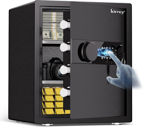 kavey 2.0 Cub Biometric Safe Box, Home Safe with LCD Keypad & Hidden Knob, Large Fingerprint Safe with 2 Adjustables & Metal Storage Box, Money Box with Dual Alarm & Mute Mode for Home (Black)