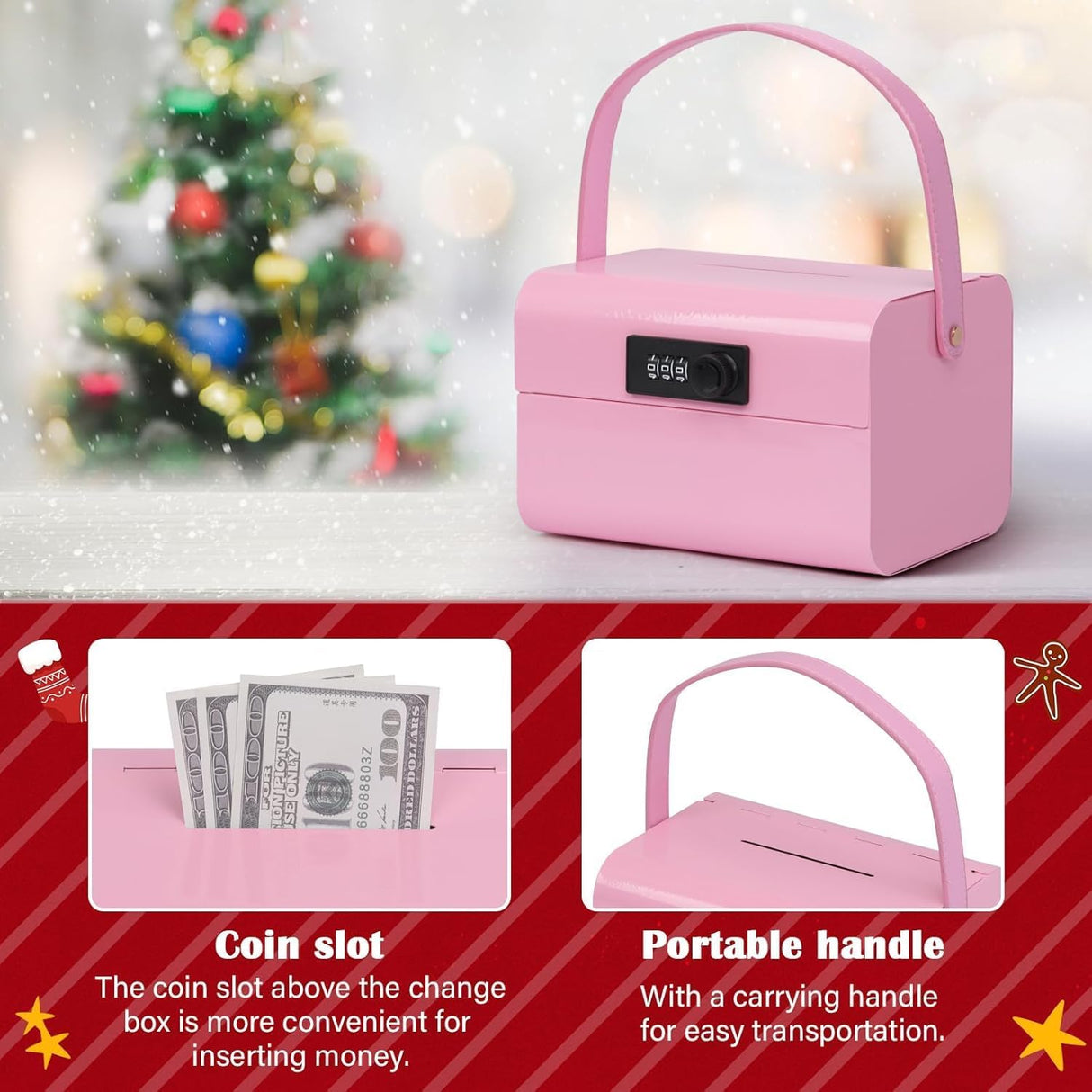 Mini Safe Box for Kids - Portable Money Lock Box with Combination Lock for Cash, Jewelry & Valuables, Lightweight Security Safe Metal Money for Cash Saving for Kids Boys Girls (Pink)