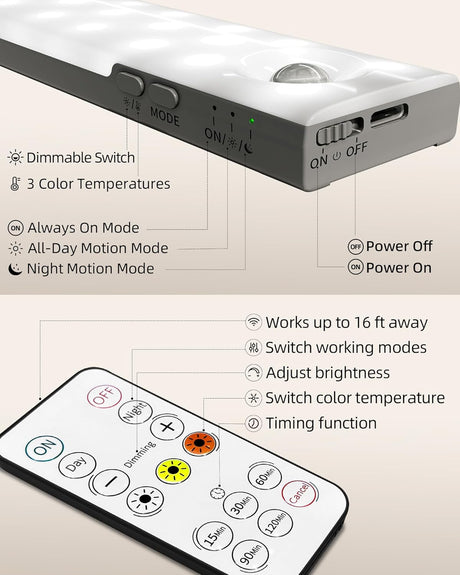 EZVALO 6-Pack Under Cabinet Lighting with Charging Station, Rechargeable Motion Sensor Lights, 3 Color Temps, Dimmable 62 LED Wireless Motion Activated Cabinet Lights with Remote for Kitchen,Pantry