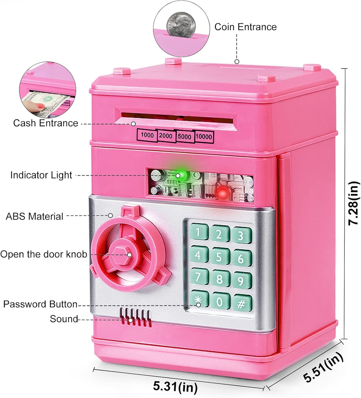 Refasy Piggy Bank for Girls & Boys, 4-11 Years - Electronic ATM Money Bank for Kids & Adults, Safe Coin Bank Toy, Pink