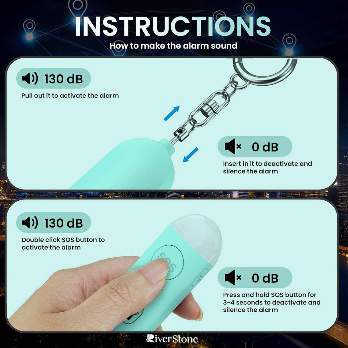 Riverstone Personal Security Tracker Alarm 130dB with Apple Find My GPS Only for iOS, Stop Aggression, Siren Emergency Self-Defense & Anti Removal Key Ring for Women and Children