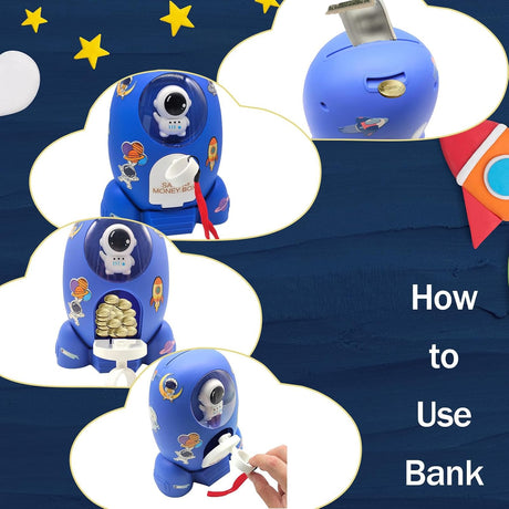 Rocket Ship Coin Bank for Boys Money Safe Astronaut Coin Banks for Kids Cash Coin Can ATM Bank Coin Money Bank for Kids with Key Astronaut Sticker Practical Gifts for Children Boys and Girls (Blue)