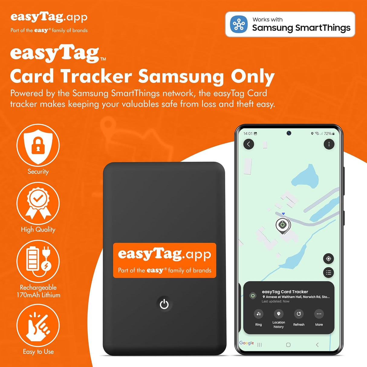easyTag Wallet Tracker (Global Tracking for Samsung) - Rechargeable Luggage Tag for Wallets, Bags and Suitcases. Samsung Tag Compatible with SmartThings App