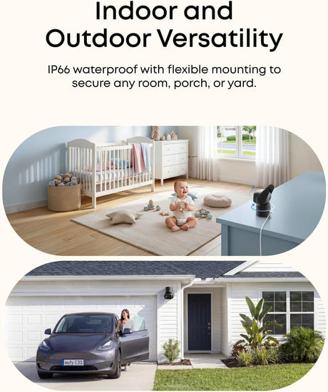 eufy Wired Cam C31,360° Coverage with Pan and Tilt,Indoor and Outdoor,Dual Antenna,Colour Night Vision,Subscription-Free,AI People/Vehicle/Pet/Crying Detection, 24/7 Recording,Black (Black, Solo)