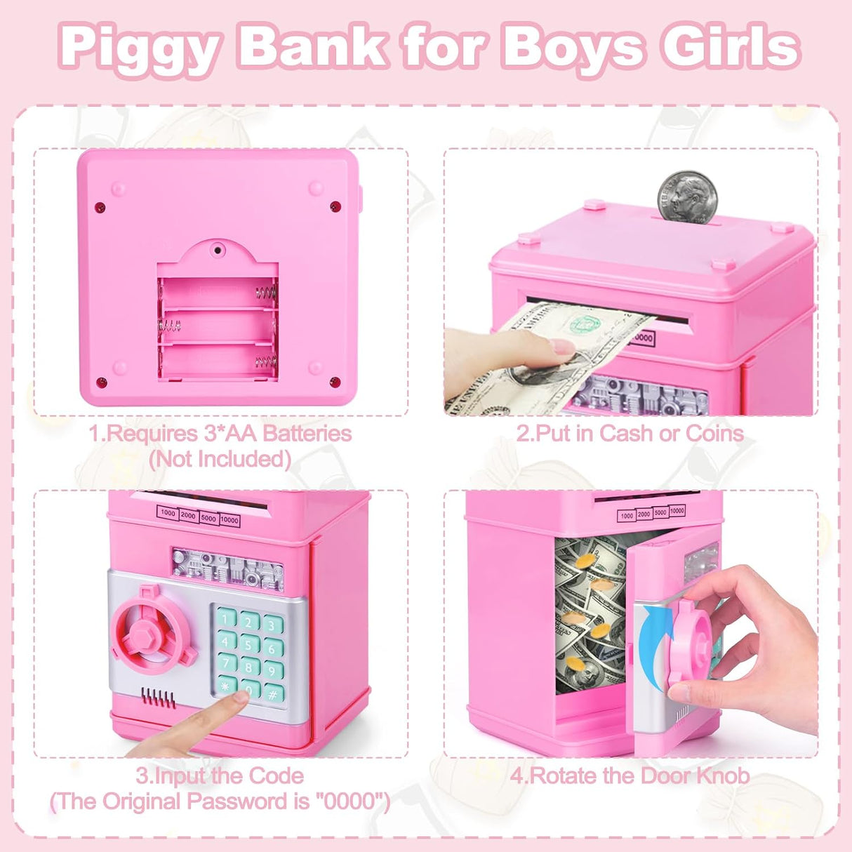 Refasy Piggy Bank for Girls & Boys, 4-11 Years - Electronic ATM Money Bank for Kids & Adults, Safe Coin Bank Toy, Pink