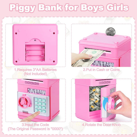 Refasy Piggy Bank for Girls & Boys, 4-11 Years - Electronic ATM Money Bank for Kids & Adults, Safe Coin Bank Toy, Pink