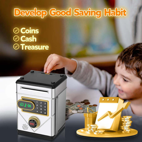 Piggy Bank for Kids, Touchscreen Electronic Piggy Bank Mini ATM, Coin Banks with Password & 10 Songs, Auto Money Scroll, Counting The Number, Adults Digital Real Money Box (Silver)