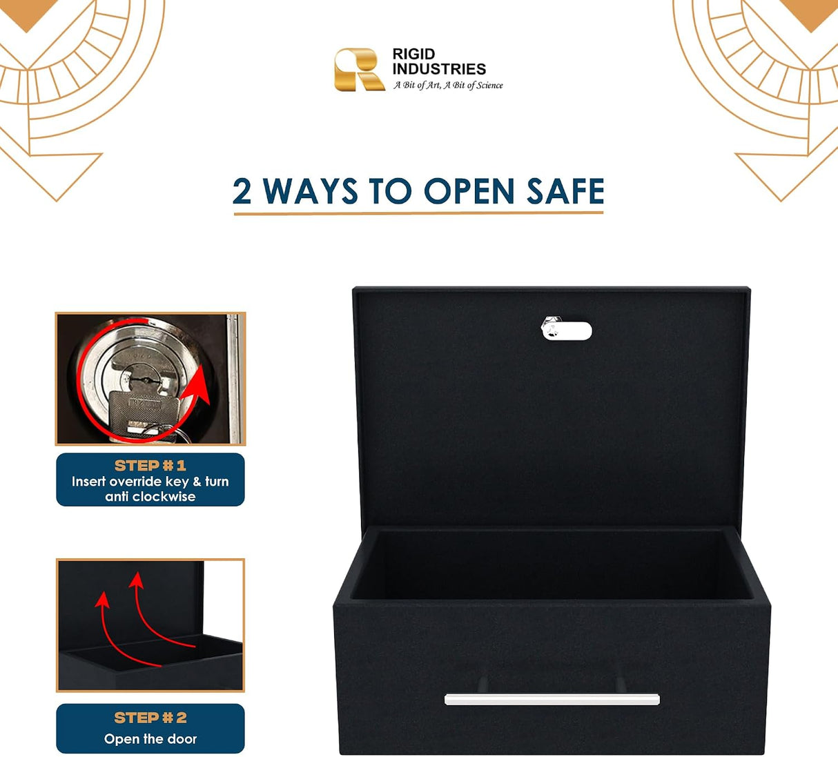 RIGID Large Cash Box | Steel Safe Box | Metal Security Chest with Key Lock | Durable Portable Money Box Safe for Bills Jewelry Receipts Coins (22 * 32.5 * 12 cm) Black - Assembled