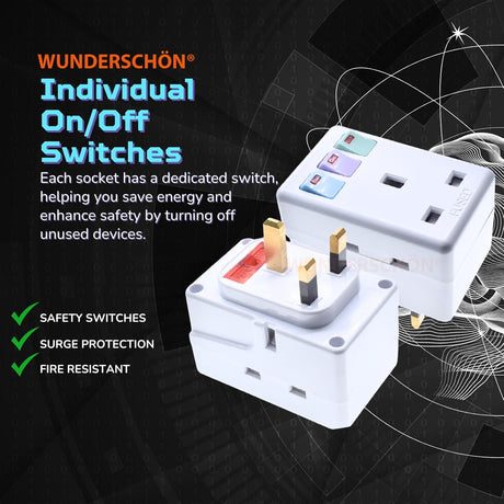 WUNEDRSCHÖN |Travel Adapter UK Plug and Sockets, 3 Sockets With individual Safety Switches Suitable For Charging Electronics Laptop Mobile and Appliances (UK - 3 Switches, 3 Sockets)