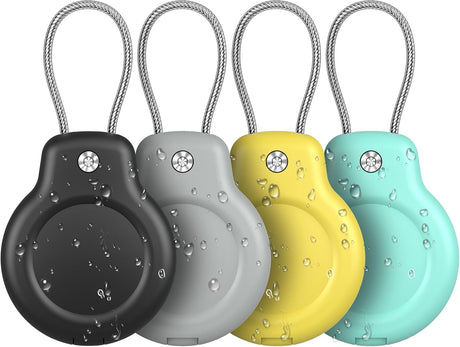 PFUTURE 4 Pack Waterproof Case Holder for AirTag with Keychain, Hidden Lock Design Anti-Lost AirTag Holder for Apple AirTags, Keys, Kids, Luggage, GPS Tracker – Black, Gray, Yellow, Mint Green