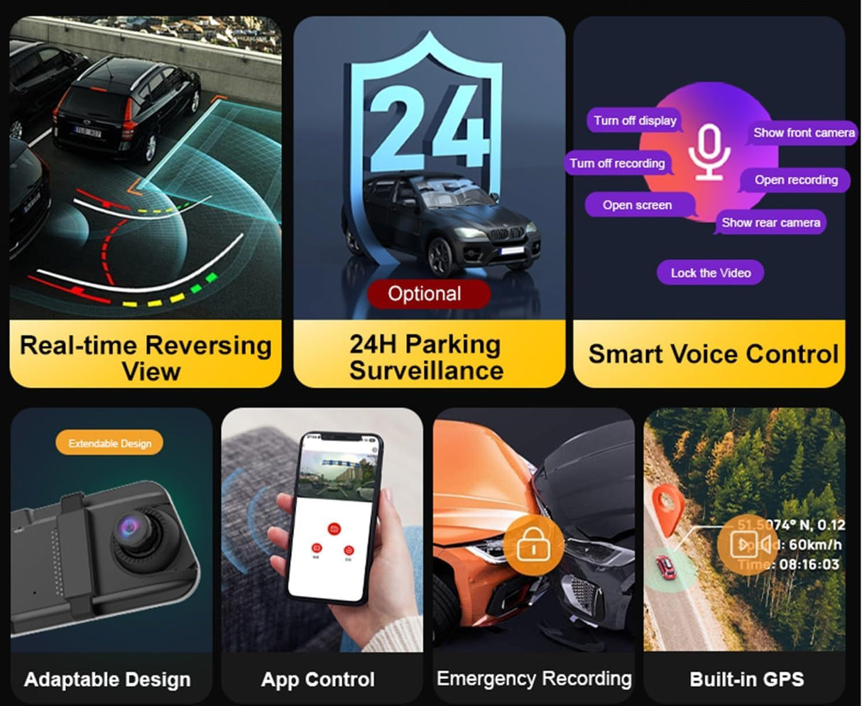 T10 9.66" 4K Mirror Dash Cam with Dual Front and Rear Cameras, Touchscreen Display, WiFi APP & Voice Control, Reverse Assist, GPS Tracking, Loop Recording, Free 64GB Card Included