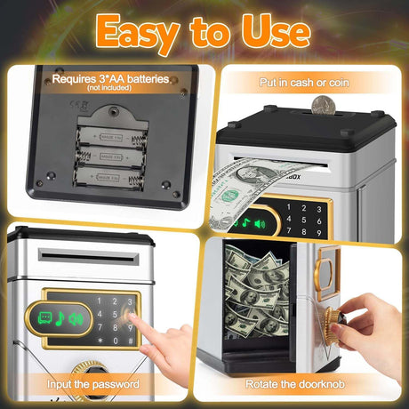 Piggy Bank for Kids, Touchscreen Electronic Piggy Bank Mini ATM, Coin Banks with Password & 10 Songs, Auto Money Scroll, Counting The Number, Adults Digital Real Money Box (Silver)