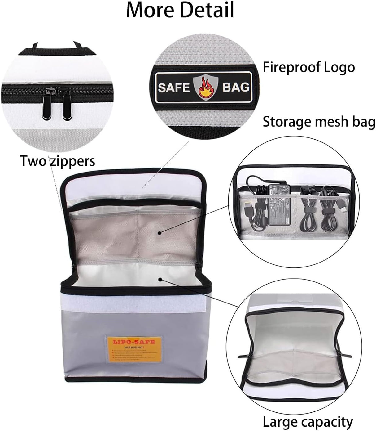 Fireproof & Waterproof Lipo Battery Safe Storage Bag, Large Capacity Explosion-Proof Case with Double Zipper for Charging/Transport, Silver Grey (10.24"x7.09"x5.12")